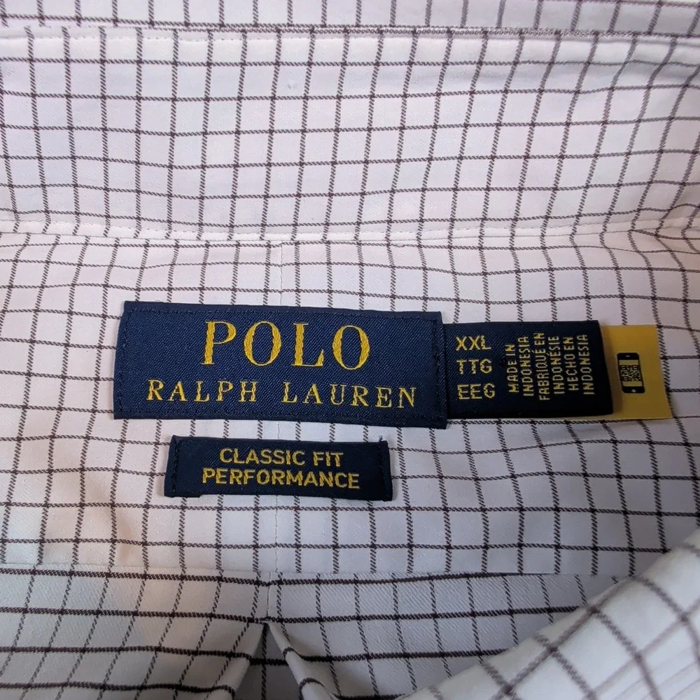 Polo Ralph Lauren Mens XXL Classic Fit Performance Shirt White Brown Windowpane